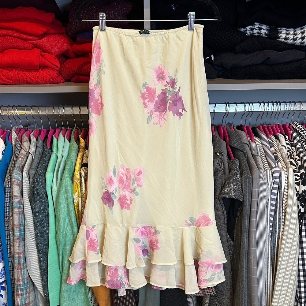 Wild Fable green/pink floral lined elastic waistband midi skirt size S